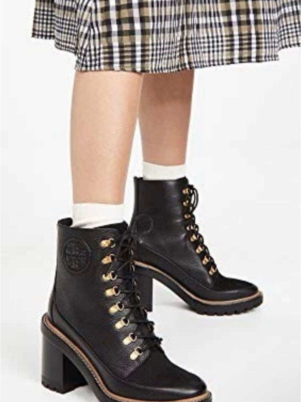 TORY BURCH MILLER 95mm Lug Sole Bootie Tumbled Leather Ankle Lace Calf BLACK  6